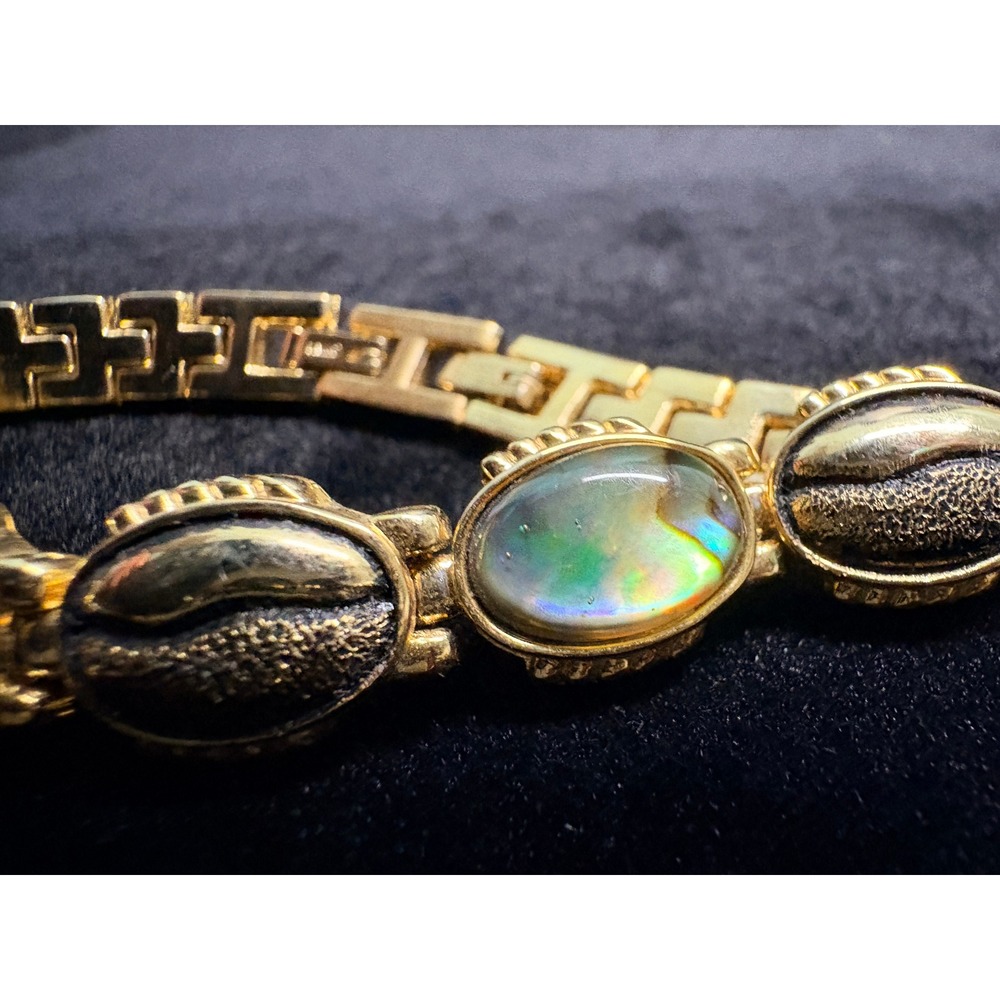 Vintage Gold Tone Abalone Shell Link Bracelet Iridescent Oval Cabochon 7 Inch